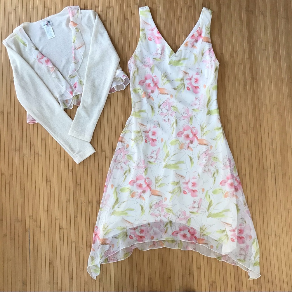 Dress & Sweater Set 8 Pale Yellow Pink Floral Cropped Open Cardigan Studio Y EUC